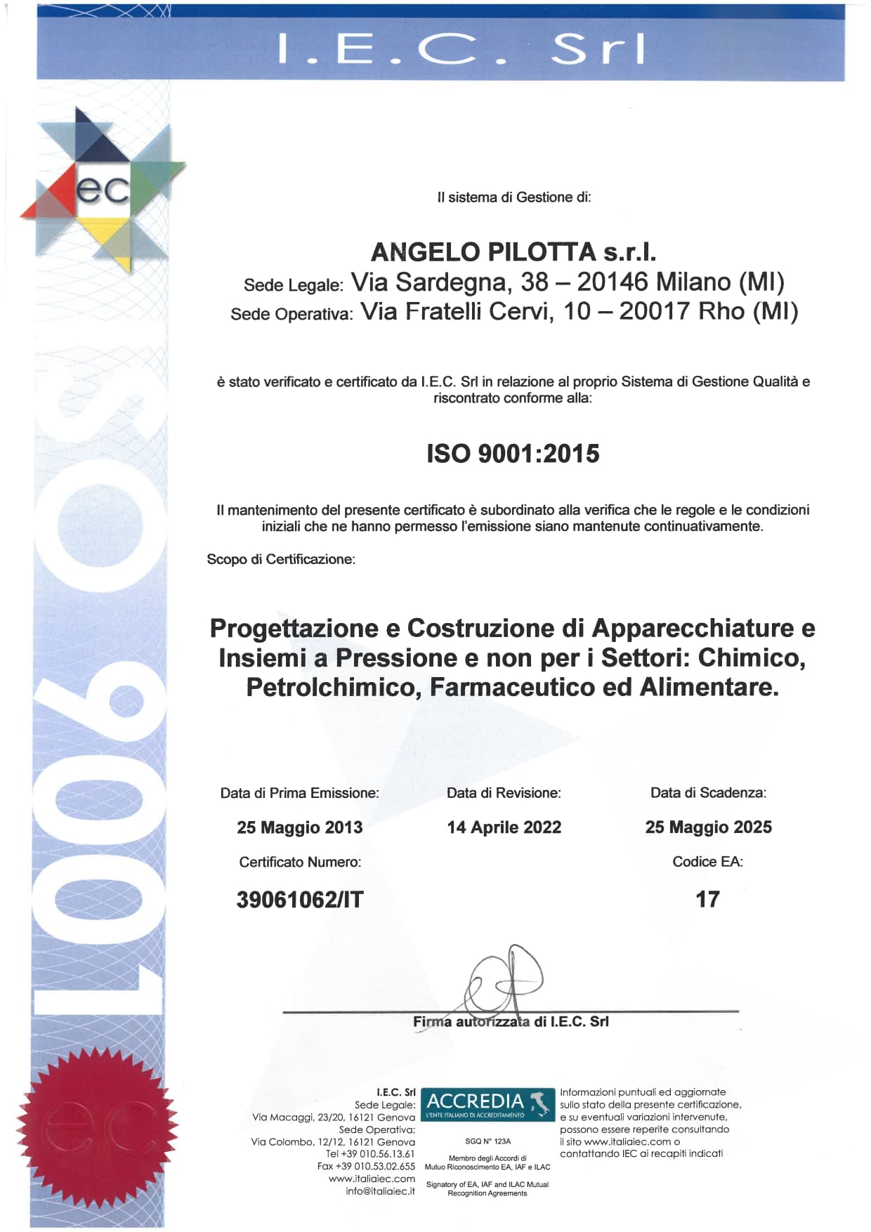 Certificato Iso 9001 anno 2022 italiano per Pilotta srl